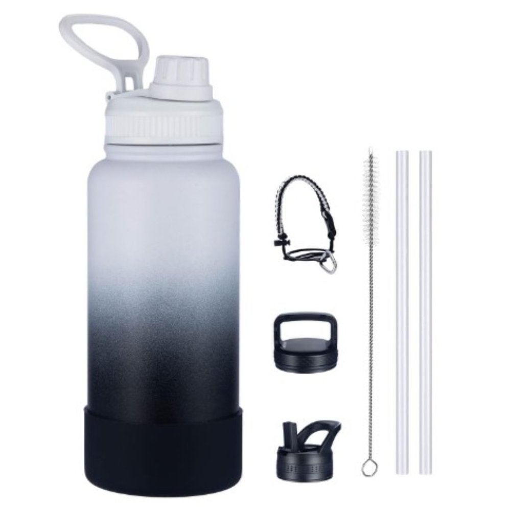 Stainless Steel Water Bottle - Leak Proof w/ 3 Lids + Paracord Handle